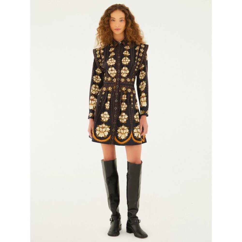 Farm Rio Topstitching Long Sleeve Mini Dress in Black Embroidered Flower Small - Picture 2 of 14